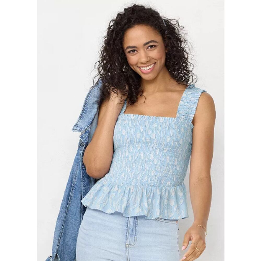 New‎ LC Lauren Conrad XXL Smocked Peplum Tank Top Blue Floral Tulips Sleeveless